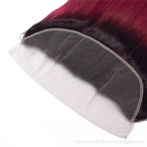 Cheap 1B Burgundy Straight Brazilian Hair Weave Bundles With Frontal Closure